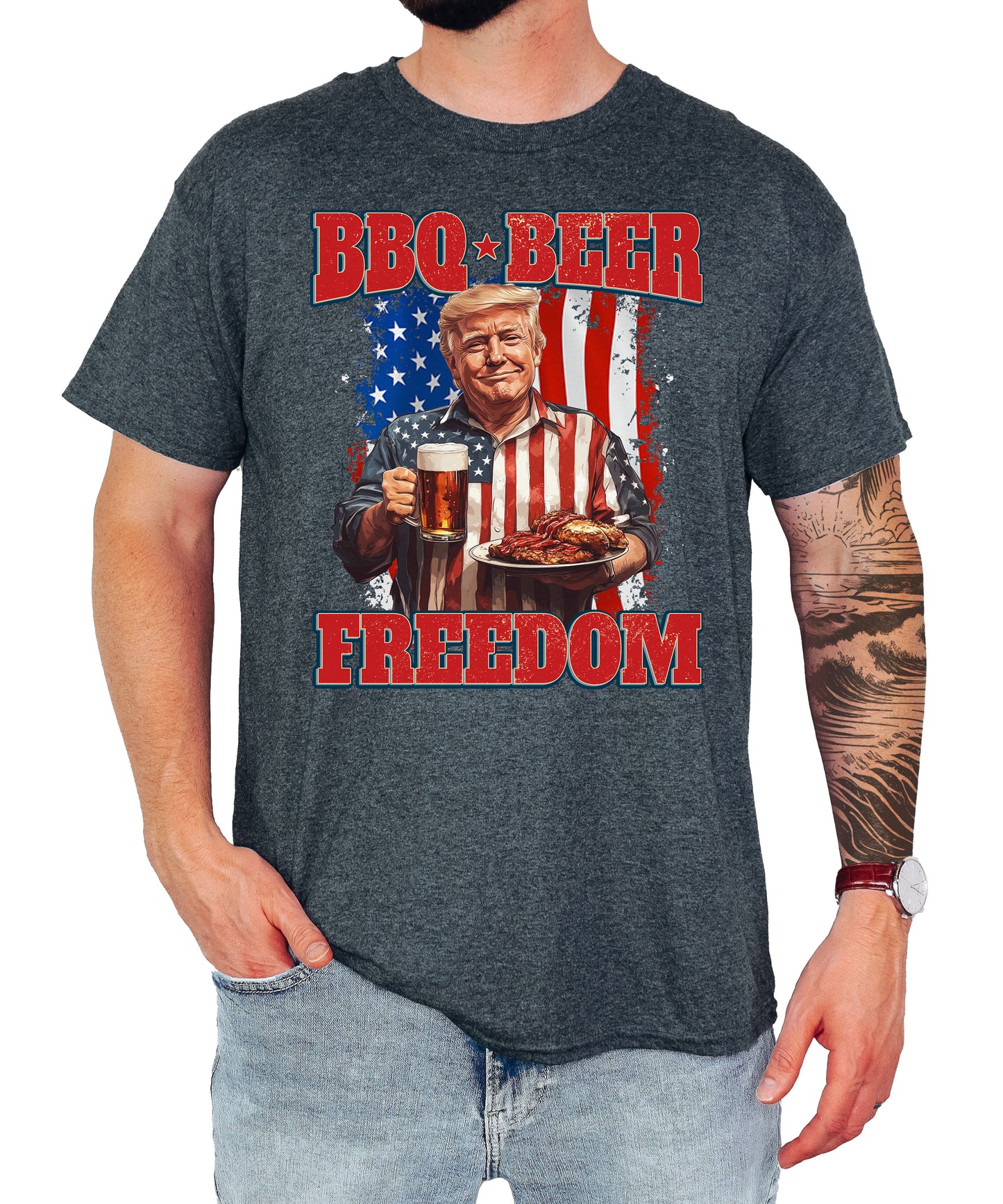BBQ Beer Freedom Shirt, Patriotic Trump with Barbeque and Beer American Flag Shirt, 4th of July Unisex Classic Tee