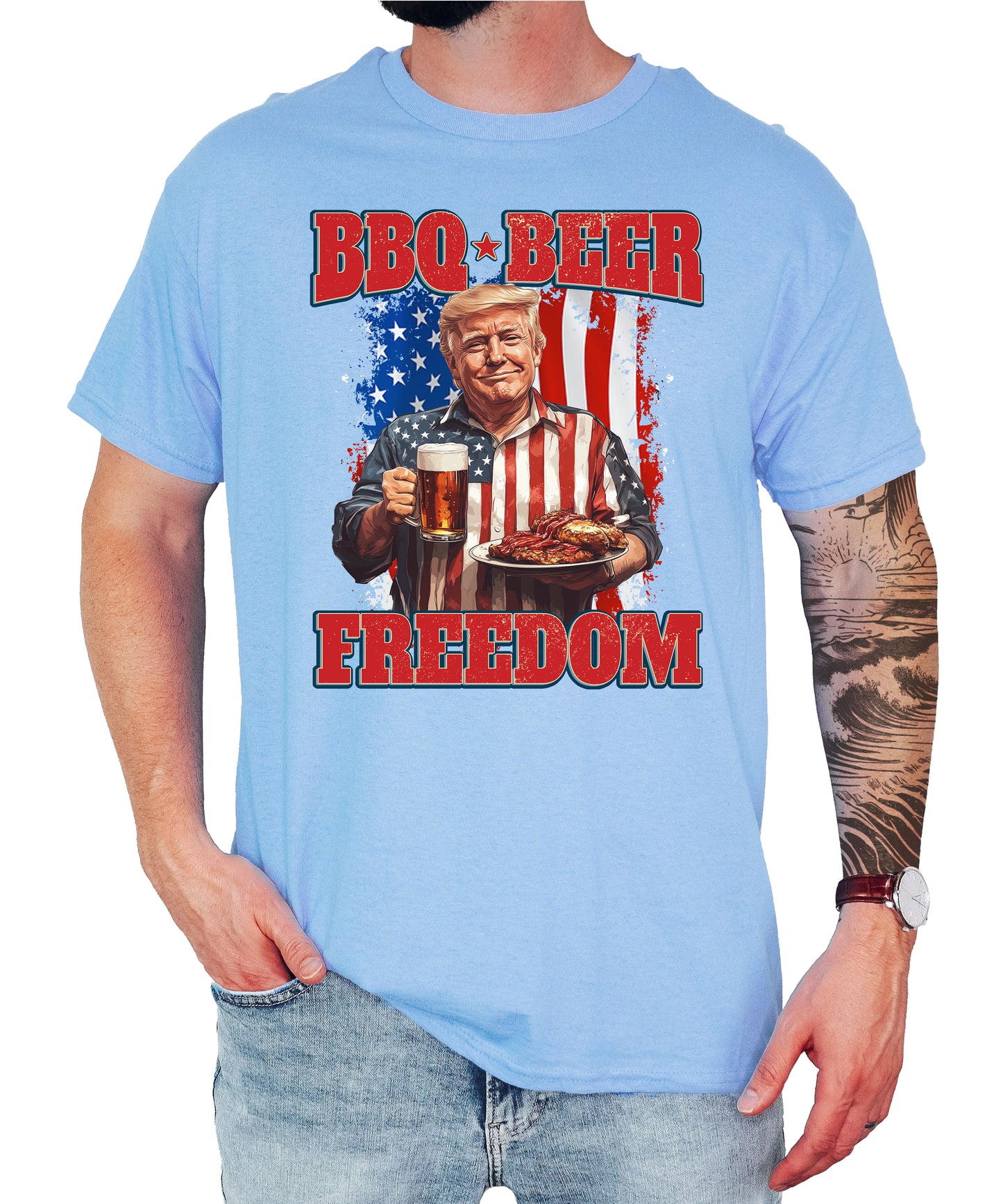 BBQ Beer Freedom Shirt, Patriotic Trump with Barbeque and Beer American Flag Shirt, 4th of July Unisex Classic Tee