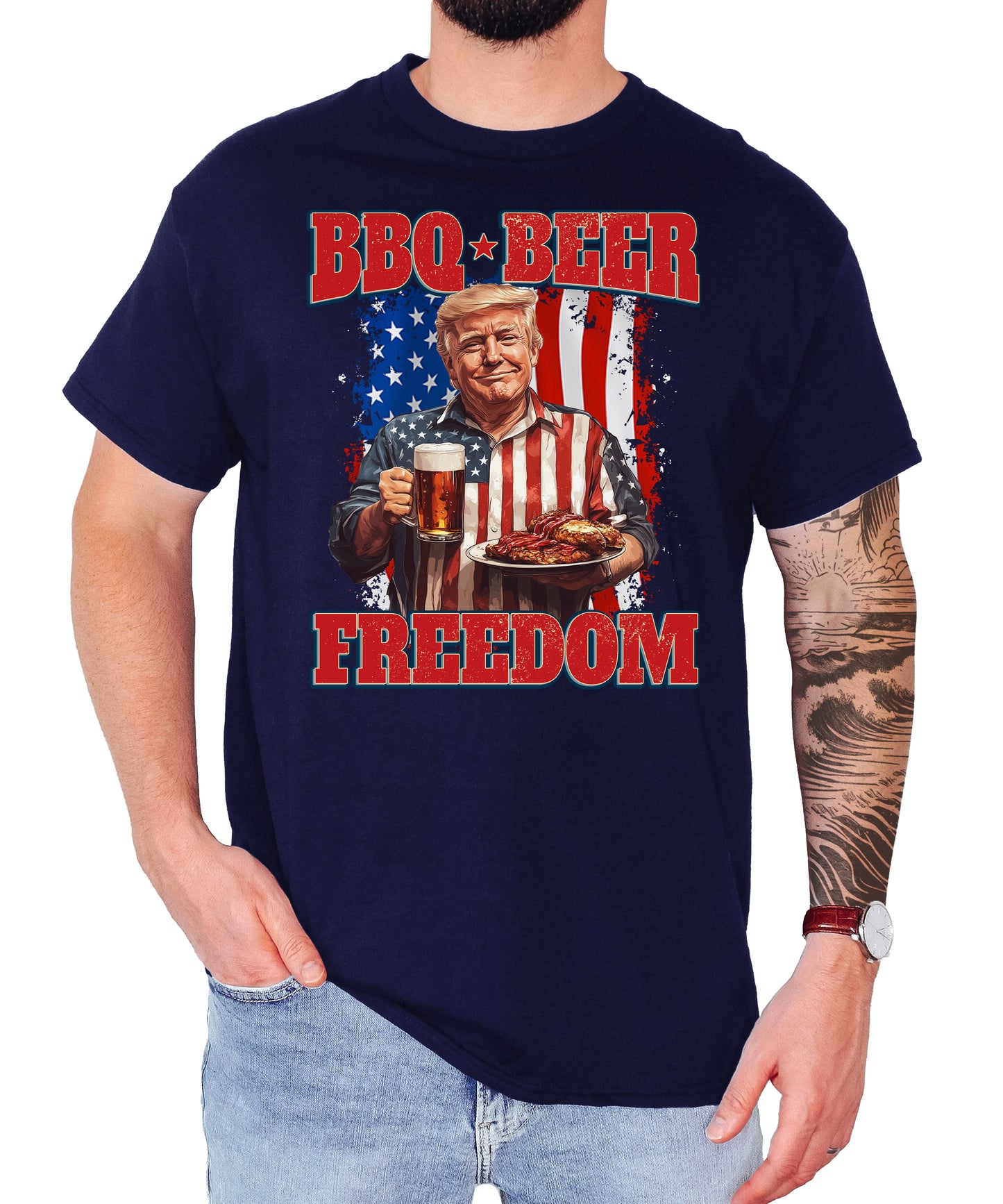 BBQ Beer Freedom Shirt, Patriotic Trump with Barbeque and Beer American Flag Shirt, 4th of July Unisex Classic Tee