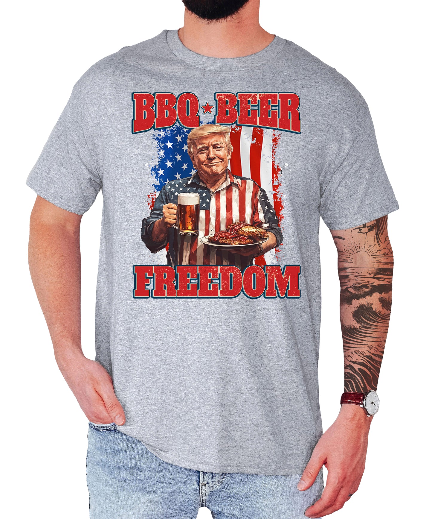 BBQ Beer Freedom Shirt, Patriotic Trump with Barbeque and Beer American Flag Shirt, 4th of July Unisex Classic Tee