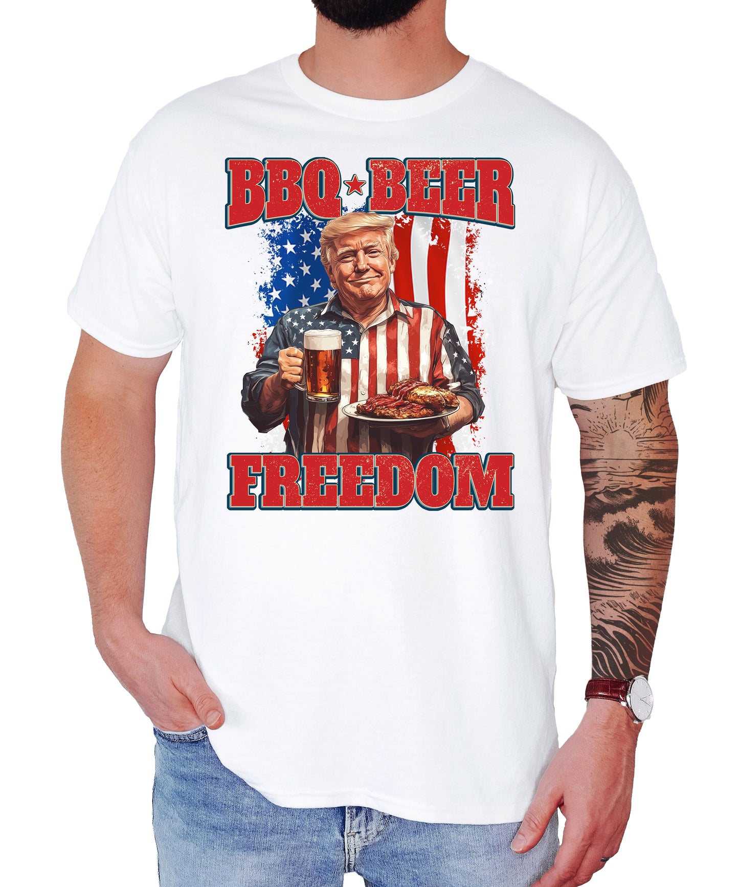 BBQ Beer Freedom Shirt, Patriotic Trump with Barbeque and Beer American Flag Shirt, 4th of July Unisex Classic Tee