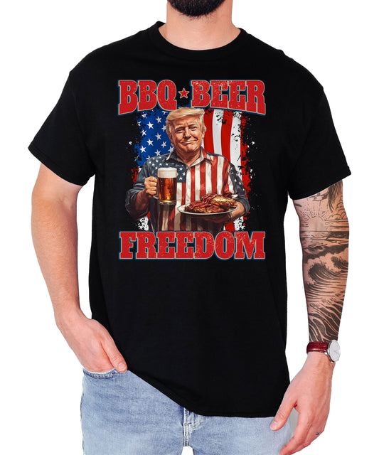 BBQ Beer Freedom Shirt, Patriotic Trump with Barbeque and Beer American Flag Shirt, 4th of July Unisex Classic Tee