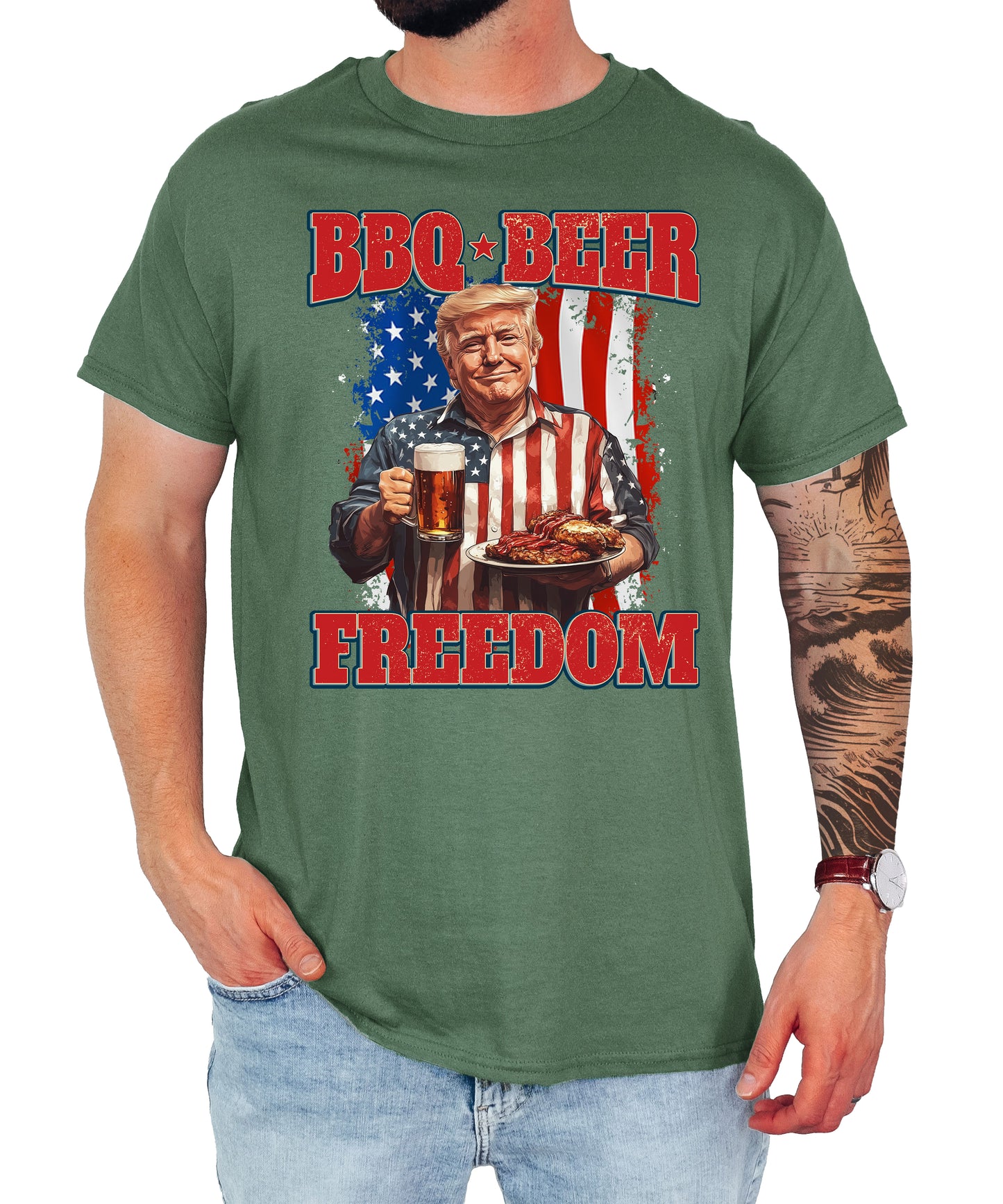BBQ Beer Freedom Shirt, Patriotic Trump with Barbeque and Beer American Flag Shirt, 4th of July Unisex Classic Tee