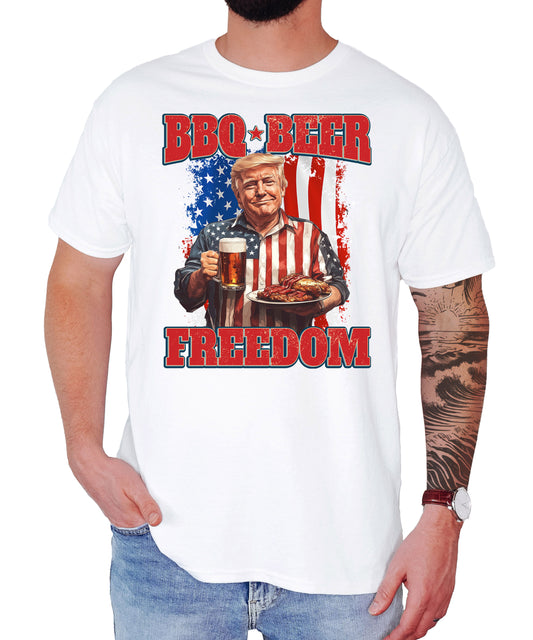 BBQ Beer Freedom Shirt, Patriotic Trump with Barbeque and Beer American Flag Shirt, 4th of July Unisex Classic Tee